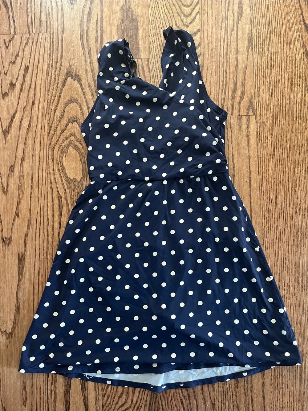 Lands End swim dress in navy and white polka dot